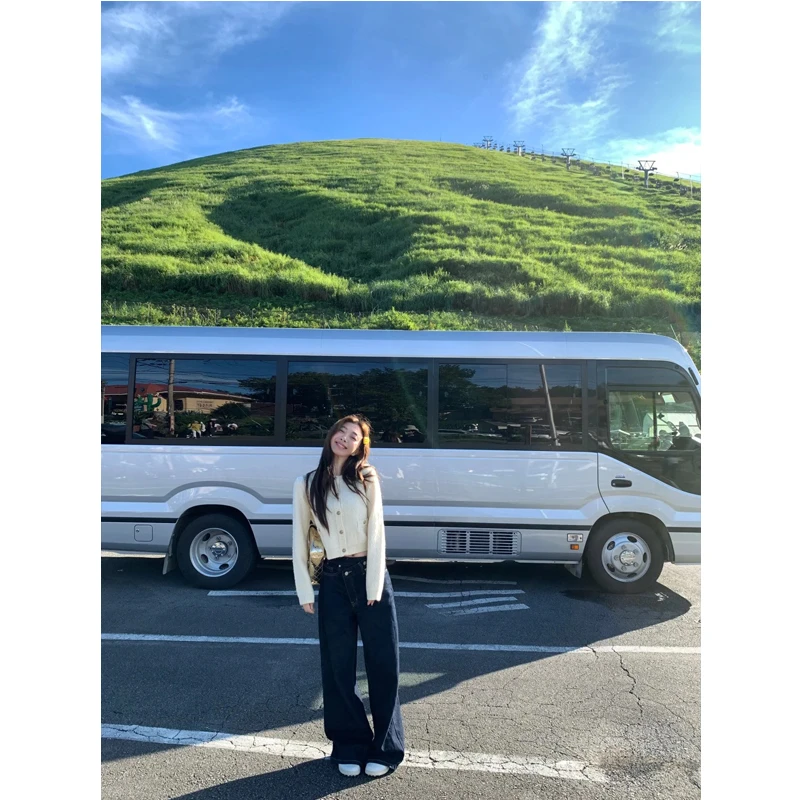 2025秋季新款时尚韩系休闲风设计感长袖针织开衫女高腰垂感牛仔裤