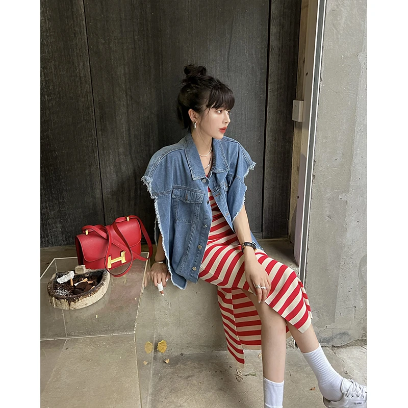 2025夏季新款时尚纯欲风休闲复古牛仔上衣收腰显瘦条纹抹胸连衣裙