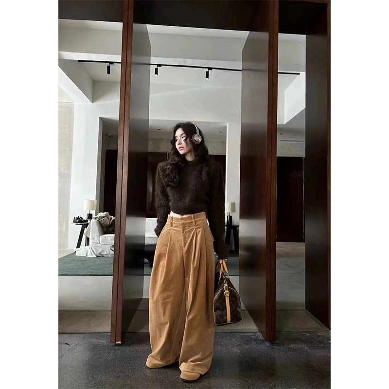2025秋季新款韩系时尚慵懒风正肩长袖针织上衣高腰直筒休闲阔腿裤