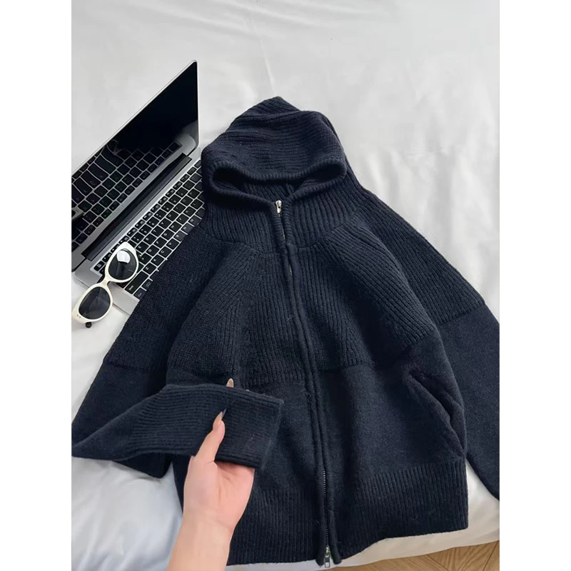 2025秋季新款时尚韩系休闲风长袖连帽针织衫女高腰显瘦百搭阔腿裤