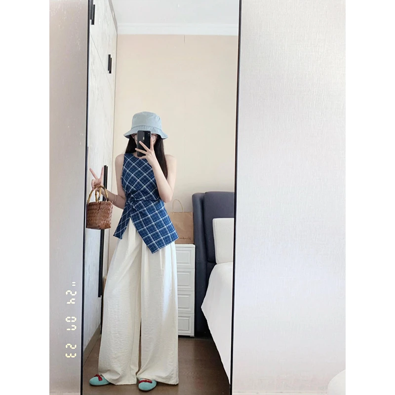 【佛里假日】法式别致复古蓝色格子背心掐腰开叉无袖上衣高腰阔腿裤