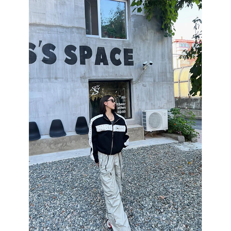 2024秋季新款美式时尚气质撞色长袖外套上衣高腰直筒阔腿工装裤女