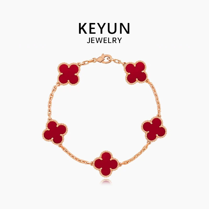 925银手链 纯银五花双面四叶草手链女红色经典轻奢高级感手链手环