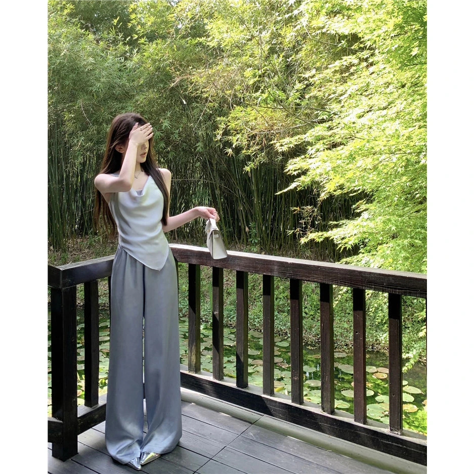 2024年夏季新款休闲套装女高级感灰色荡领上衣垂坠感阔腿裤两件套