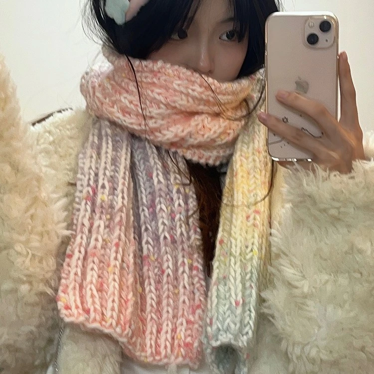 手工渐变色围巾混线diy彩虹糖渐变围巾手工编织毛线围巾材料包