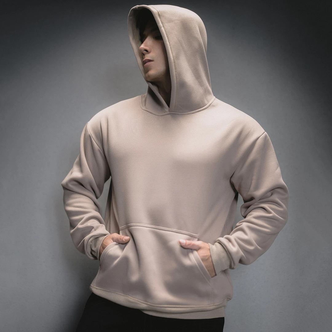 美式潮牌运动长袖连帽卫衣男秋冬纯色加绒保暖套头衫宽松健身衣服