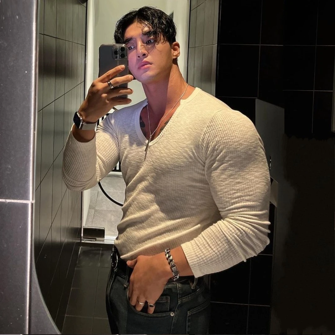 潮牌新款宽松运动长袖t恤男高弹力春秋条纹抗皱打底衫恤健身衣服