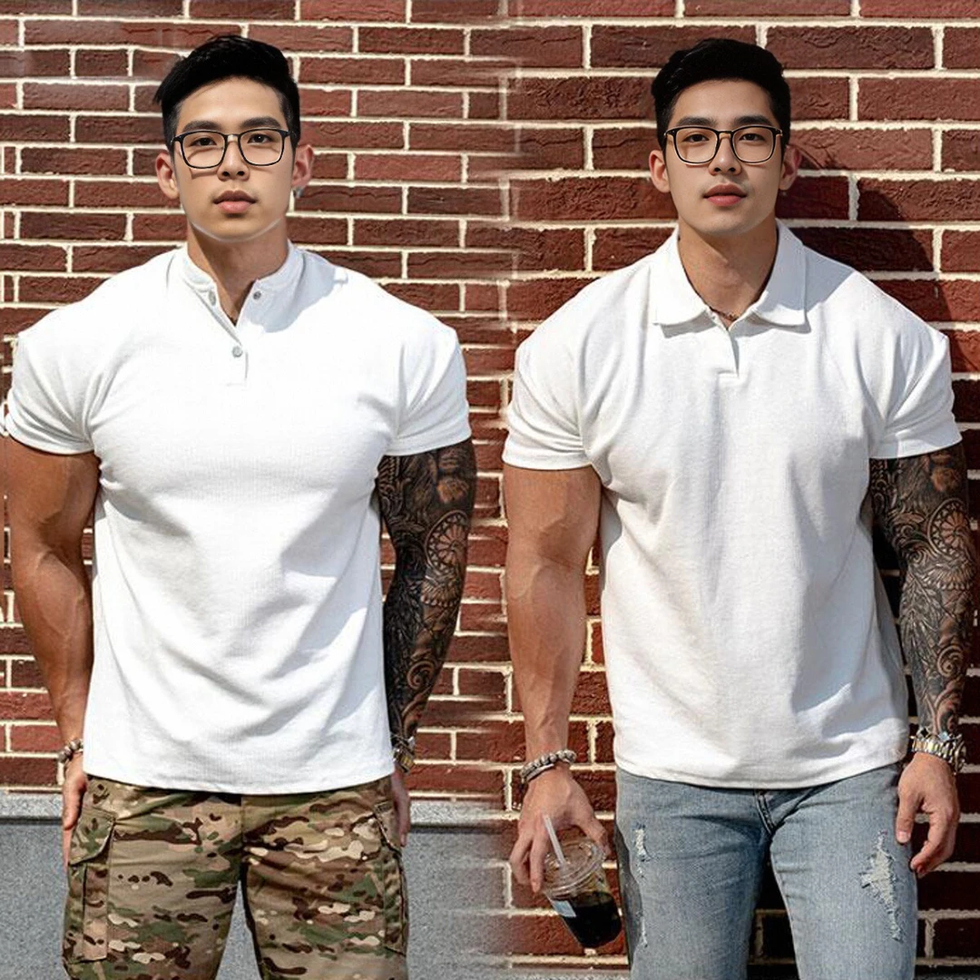 夏季运动短袖新中式亨利领/翻领大POLO收袖口透气休闲纯色健身T恤