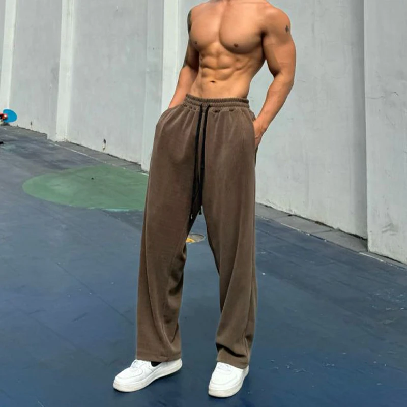 美式秋冬运动宽松卫裤男铜钱纹理480g休闲透气长裤弹力直筒健身裤