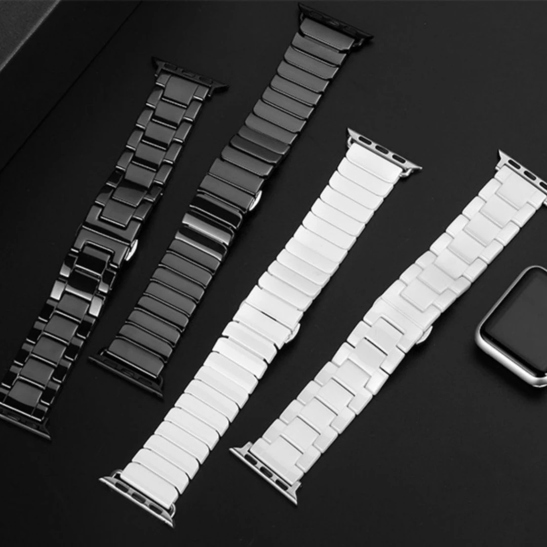 适用苹果S9手表AppleWatch8陶瓷不锈钢8/SE/76亮面商务透气夏表带
