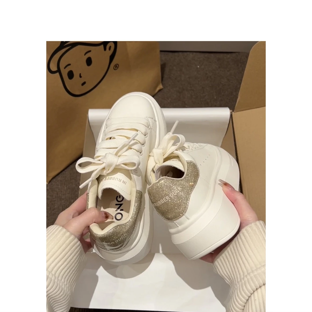 厚底4厘米小白鞋早春新款厚底百搭拼色圆头增高系带休闲板鞋香槟