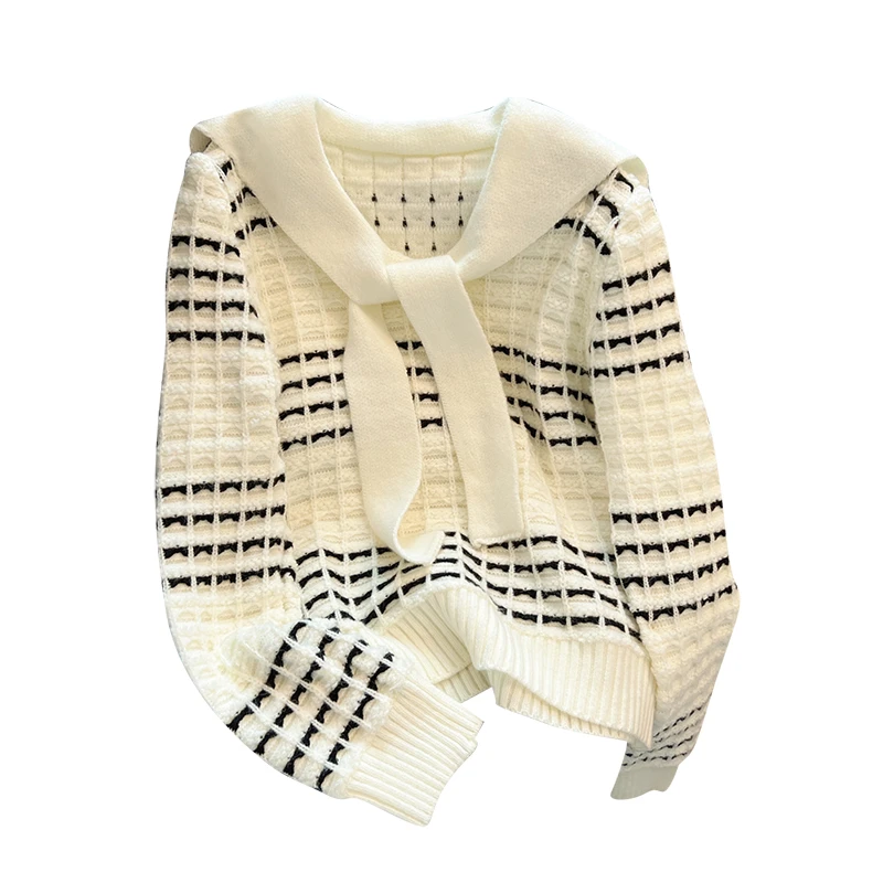 韩版条纹披肩绑带外穿甜美宽松毛衣女2025春秋新款洋气针织衫上衣