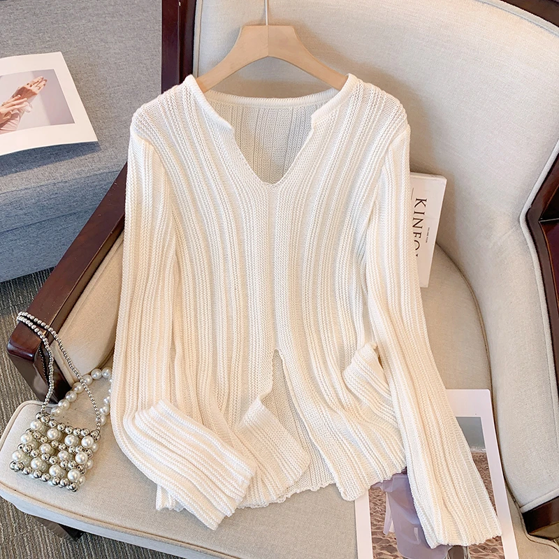 2025春秋新款韩版设计感v领开叉内搭打底针织衫气质显瘦上衣女潮