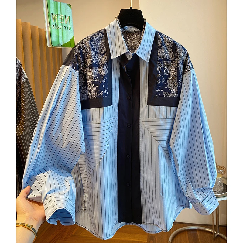 2025年春秋新款高级感宽松休闲复古民族风印花蓝色条纹长袖衬衫女