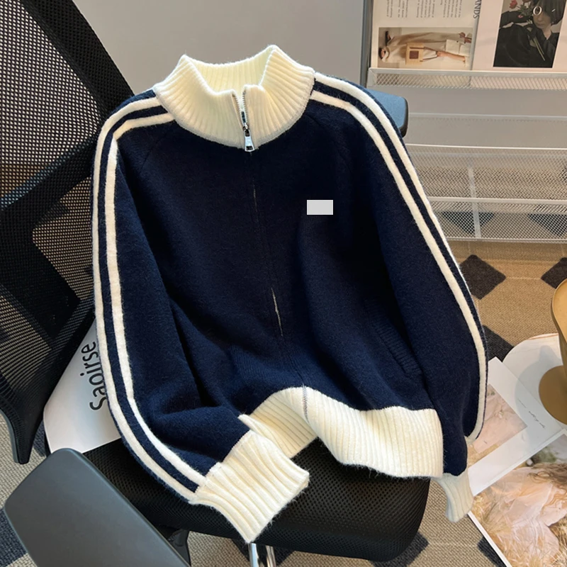 美式复古撞色条纹棒球服外套女2025春秋季新款拼接拉链小个子毛衣