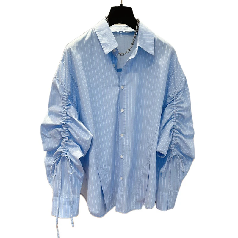 2025春秋韩版新款条纹褶皱抽绳长袖衬衫女设计感小众下摆开叉上衣