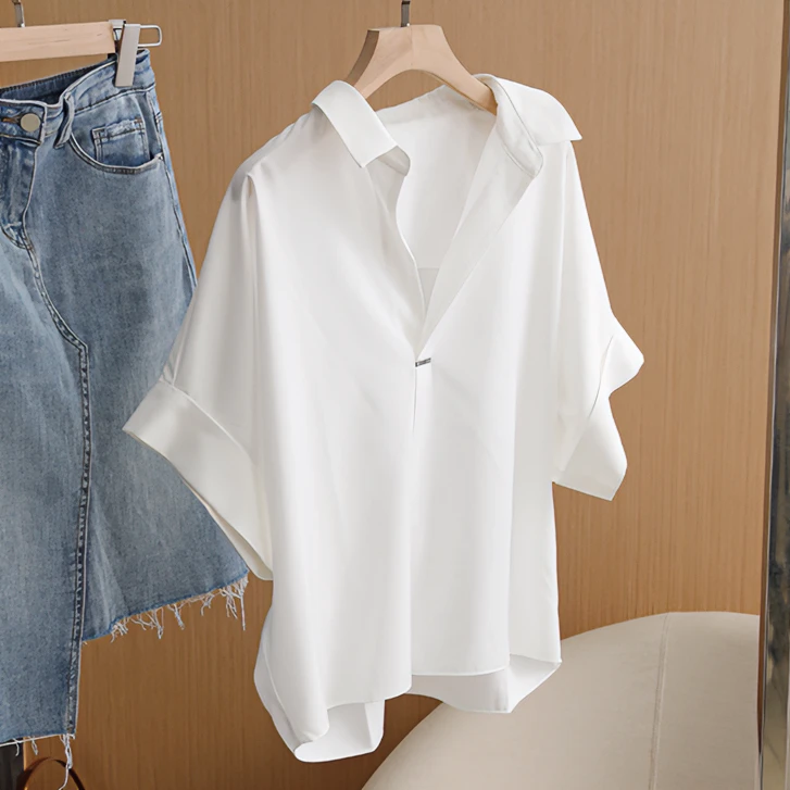 白色短袖衬衫女2025夏季新款法式高级感时尚别致上衣宽松显瘦衬衣