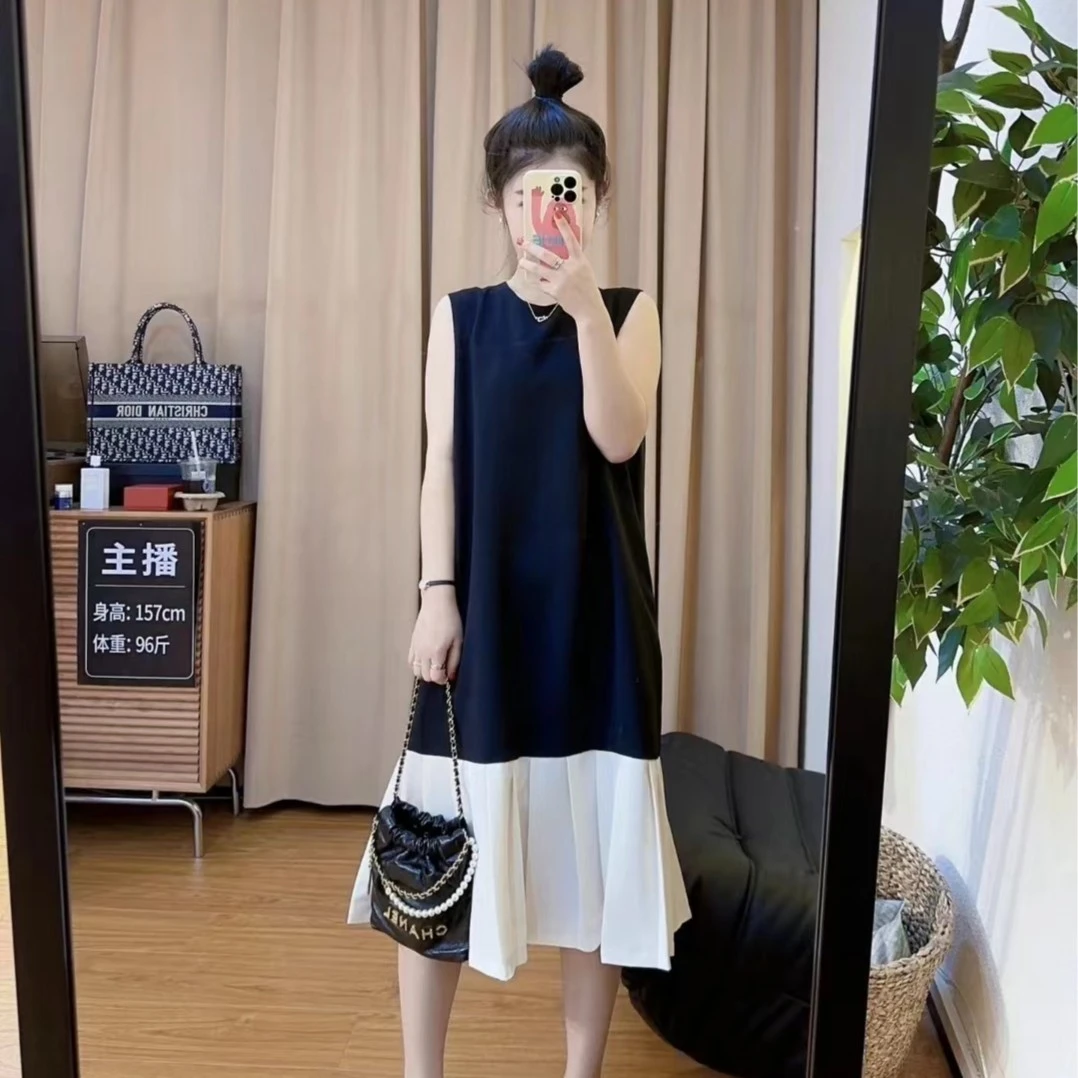 80877余小鱼 黑白拼接无袖简约气质圆领后拉链背心连衣裙长款女装