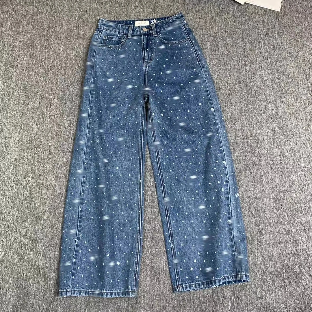 80940余小鱼 蓝色小众设计波点字母印花高腰直筒牛仔裤长裤女装