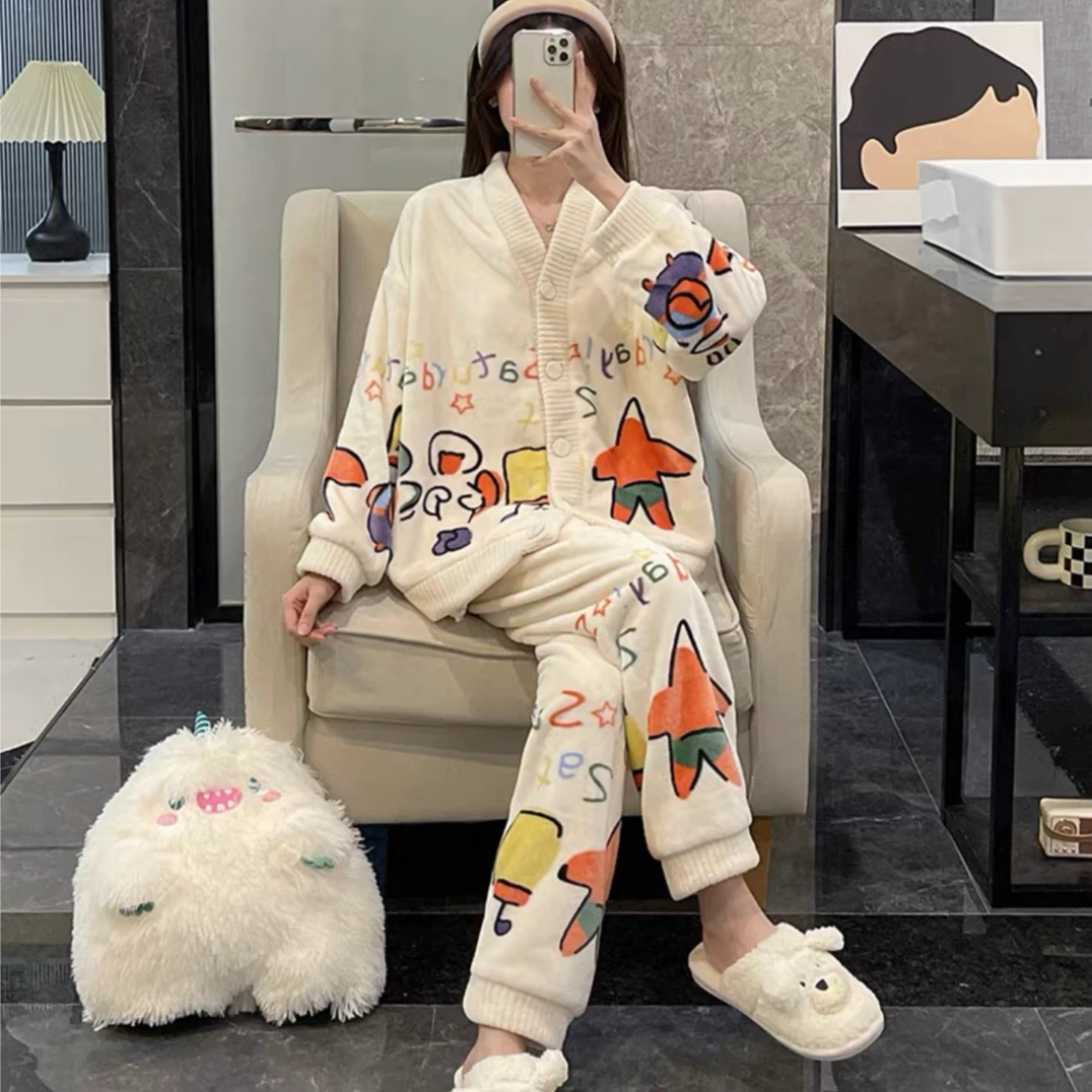 睡衣女冬季保暖厚款宽松开衫可爱长袖家居服卡通派大星套装 Y302