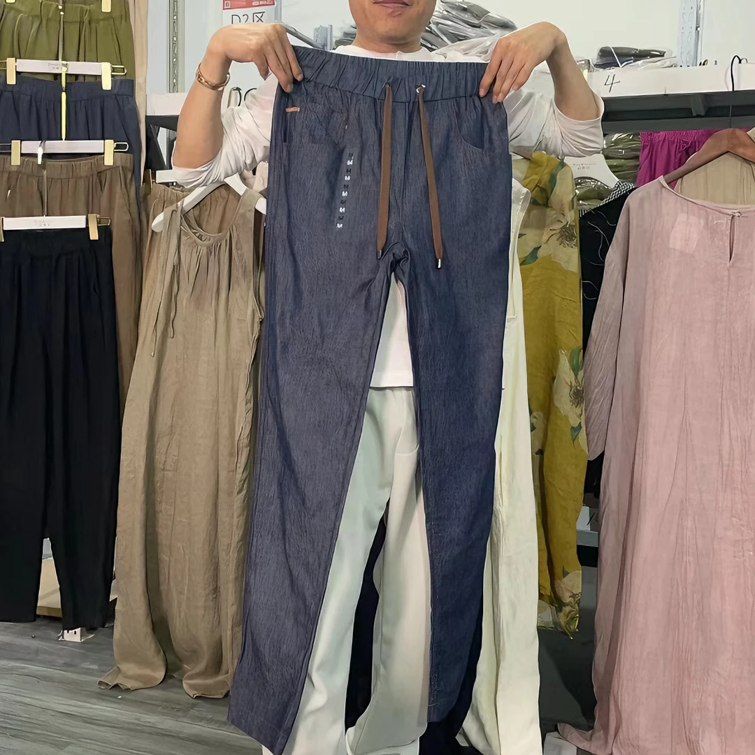 【云目悠悠】纯色休闲时尚蓝色亚麻牛仔裤2024327