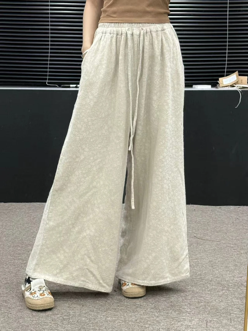 【云目悠悠】秋冬新款女士纯汉麻阔腿裤印花-2024991