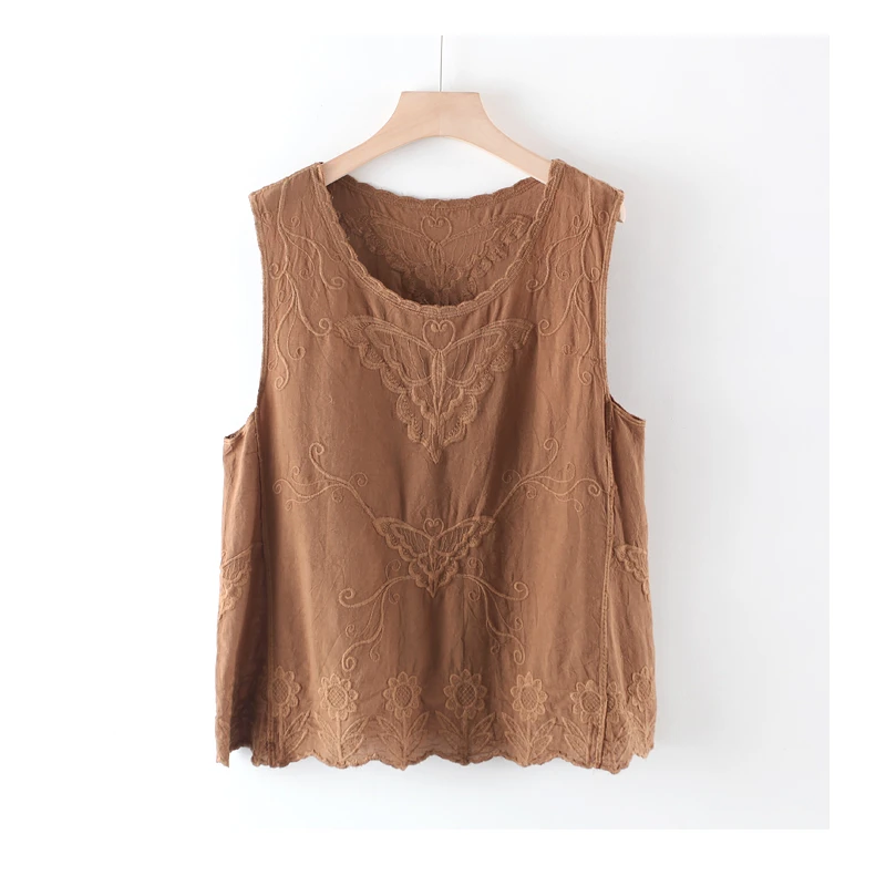 【云目悠悠】高端亚麻纯色带刺绣无袖时尚休闲背心马夹-2024146