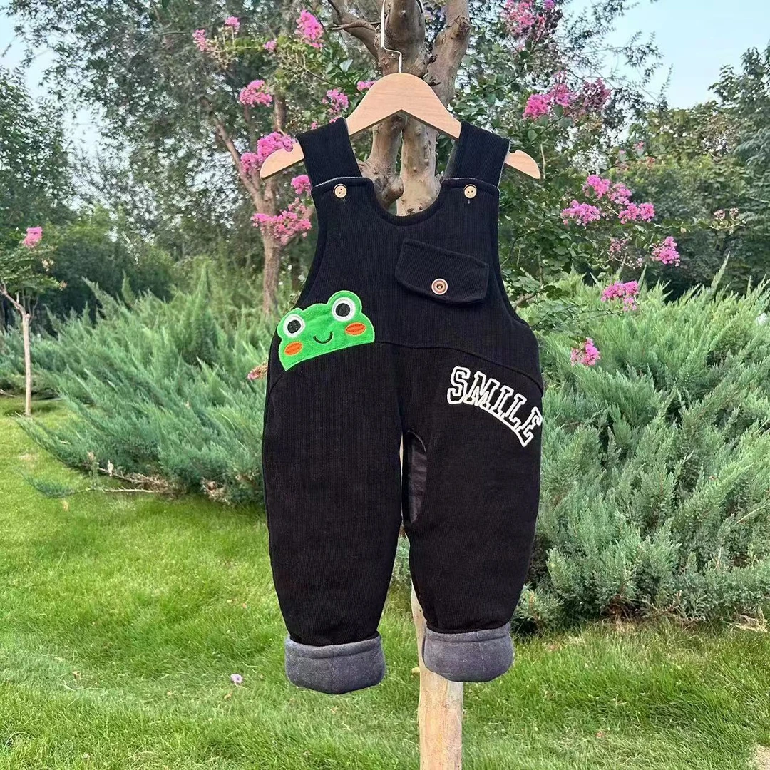 宝宝背带裤加绒加厚夹棉秋冬装男童棉裤休闲女小童连体裤开裆裤童