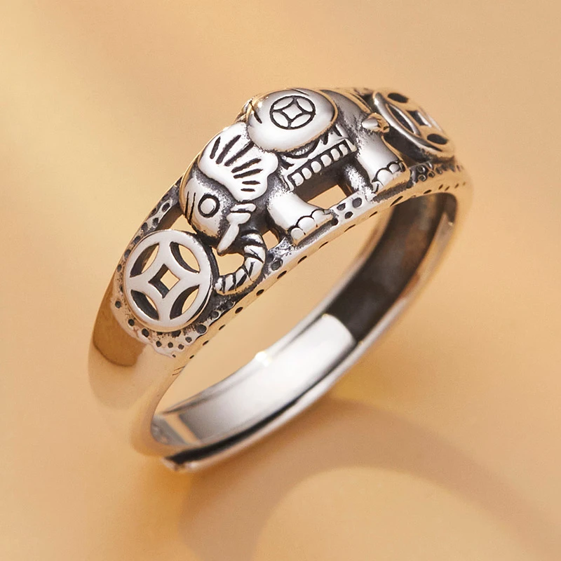 925银戒指 大象戒指男款国潮复古个性时尚做旧可调节吉象纯银戒指