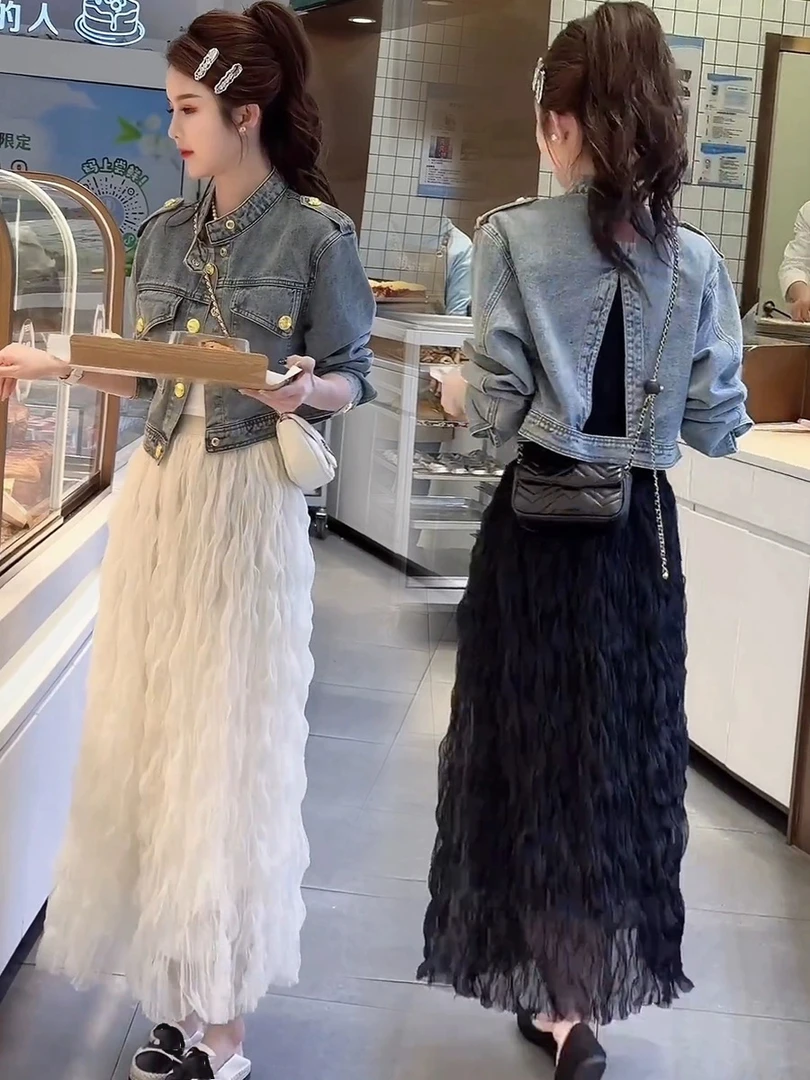 303#2025春天新款时尚拼接长袖短款牛仔外套韩版洋气设计感上衣