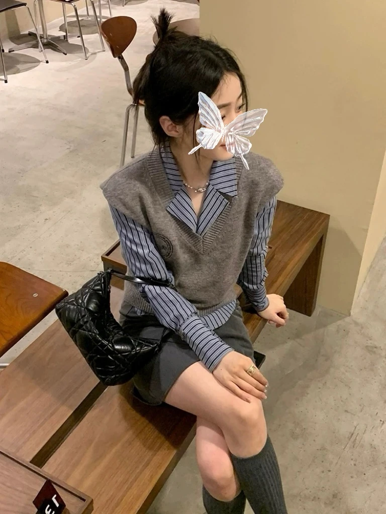 1187-4(真三件)马甲背心+衬衫上衣半身裙领带学院风套装