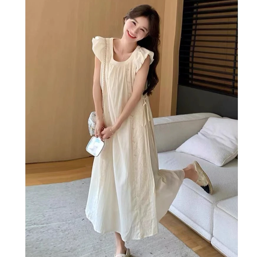 6025现法式小飞袖超仙学姐连衣裙慵懒宽松遮肚显瘦蕾丝拼接长裙夏