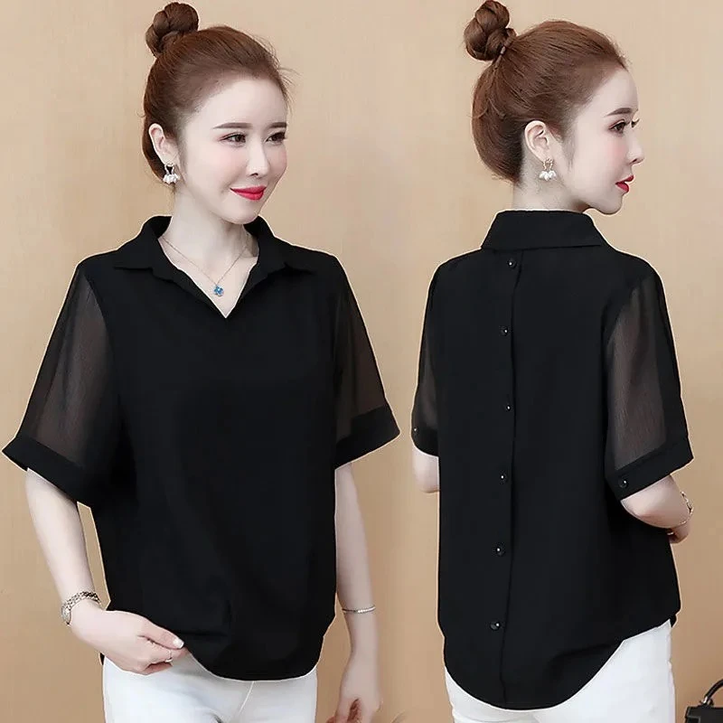 大码女装夏季V领气质上衣洋气减龄遮肚衬衣女胖MM纯色雪纺衫小衫