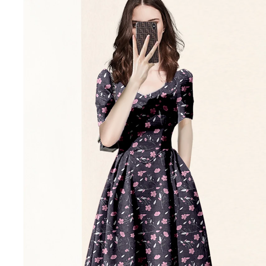 夏季短袖法式碎花连衣裙女装2024新款高级气质A字中长裙