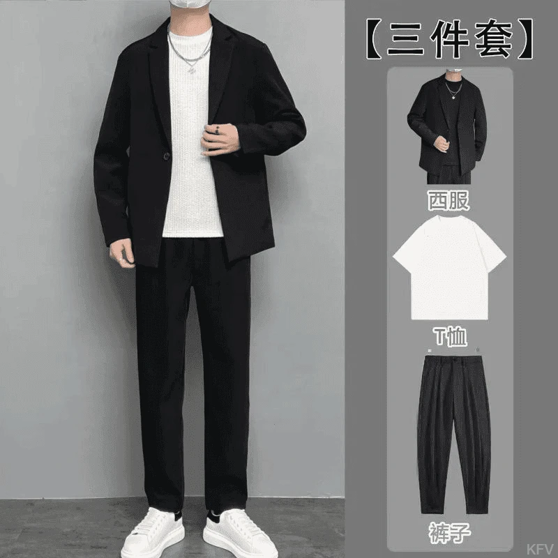【三件套】微胖男士大码休闲西服套装韩版潮流帅气男款小西装轻熟风