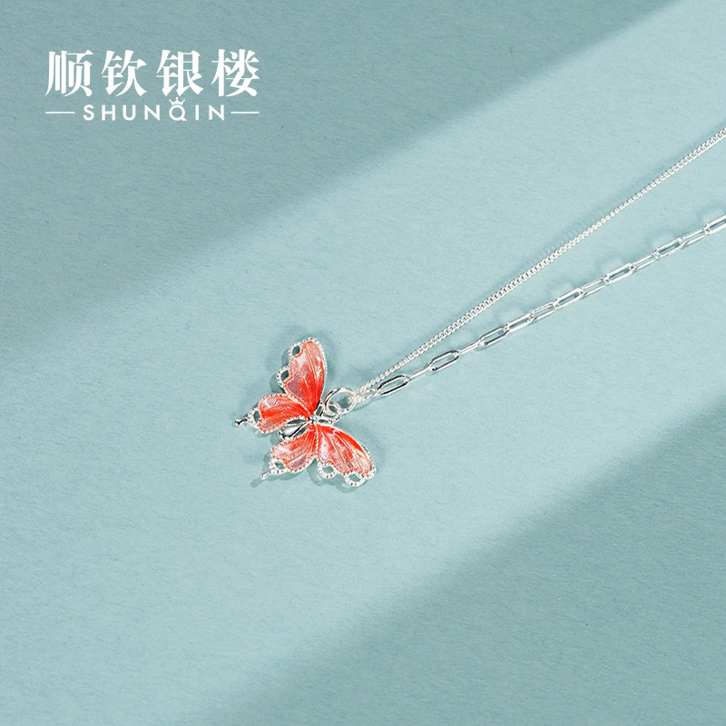 顺钦银楼 坠链均足银仿珍珠  迟梦翎项链仙气蝴蝶项链精致气质女