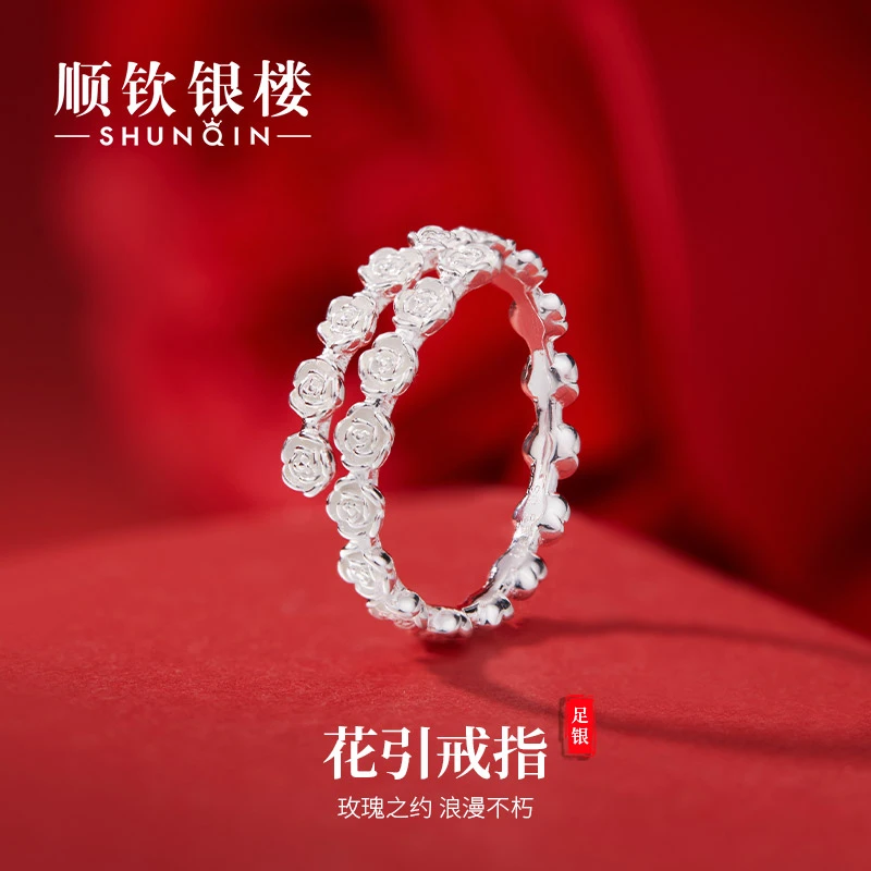 足银戒指 【花引戒指】玫瑰花朵足银999戒指女送女友
