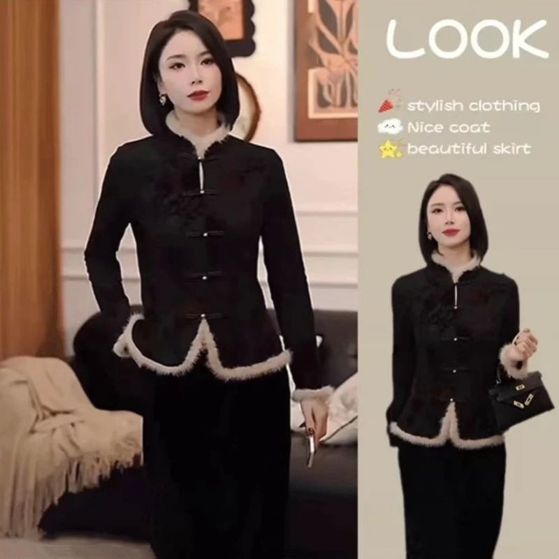 麽赐【仿水貂毛打底衫】晚霞 新中式复古印花拼接秋冬款上衣F98777