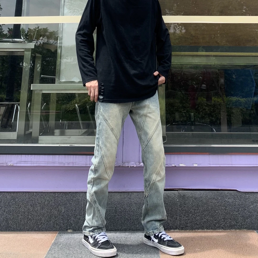 美式高街水洗做旧复古黄泥立体剪裁修身小脚牛仔裤潮男休闲百搭