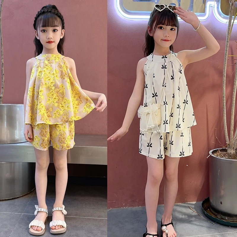 女童夏季无袖碎花裙套装挂脖背心裙网红套装女孩薄款洋气两件套