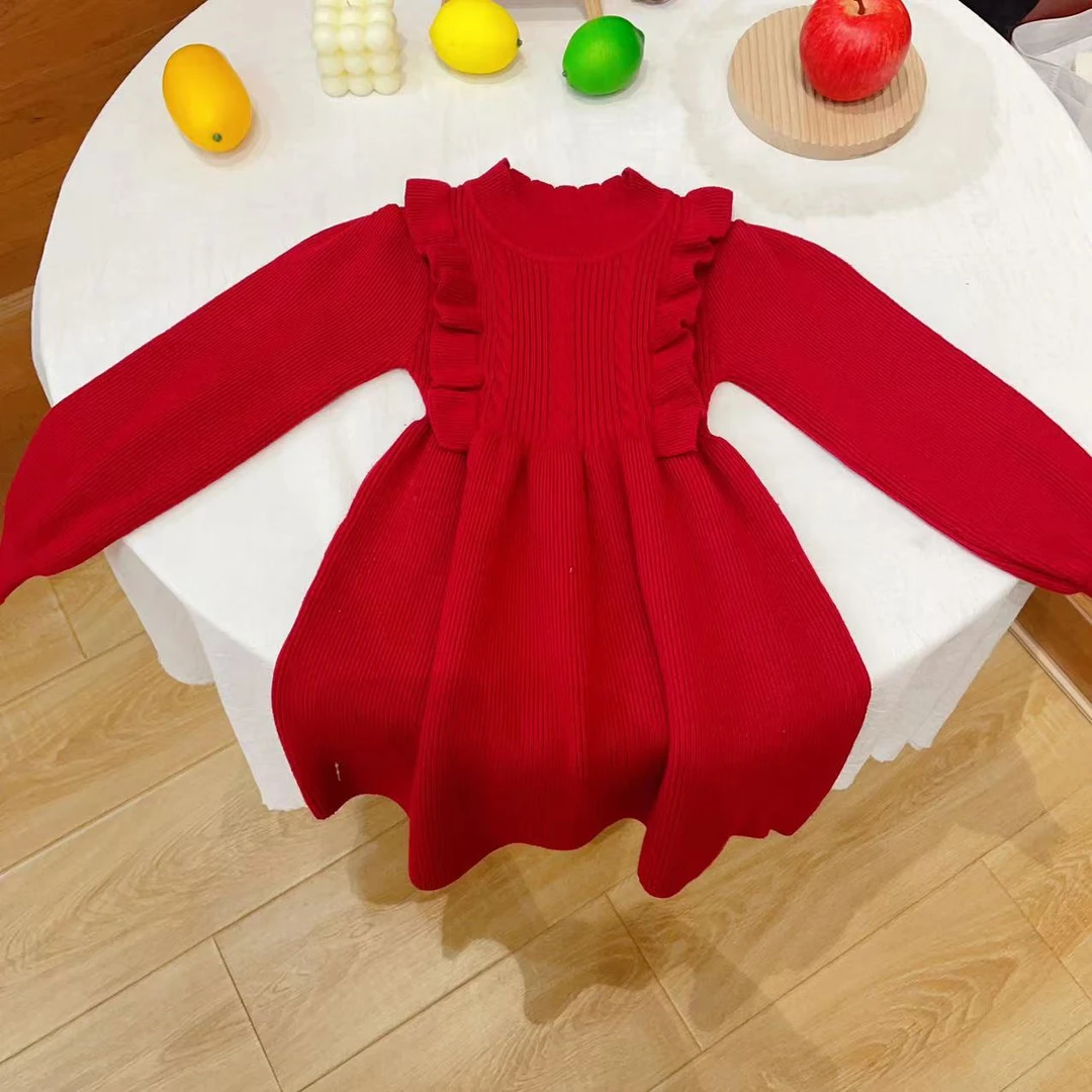 【原韩D】儿童加厚红色木耳边软乎乎捏摺连衣裙0056