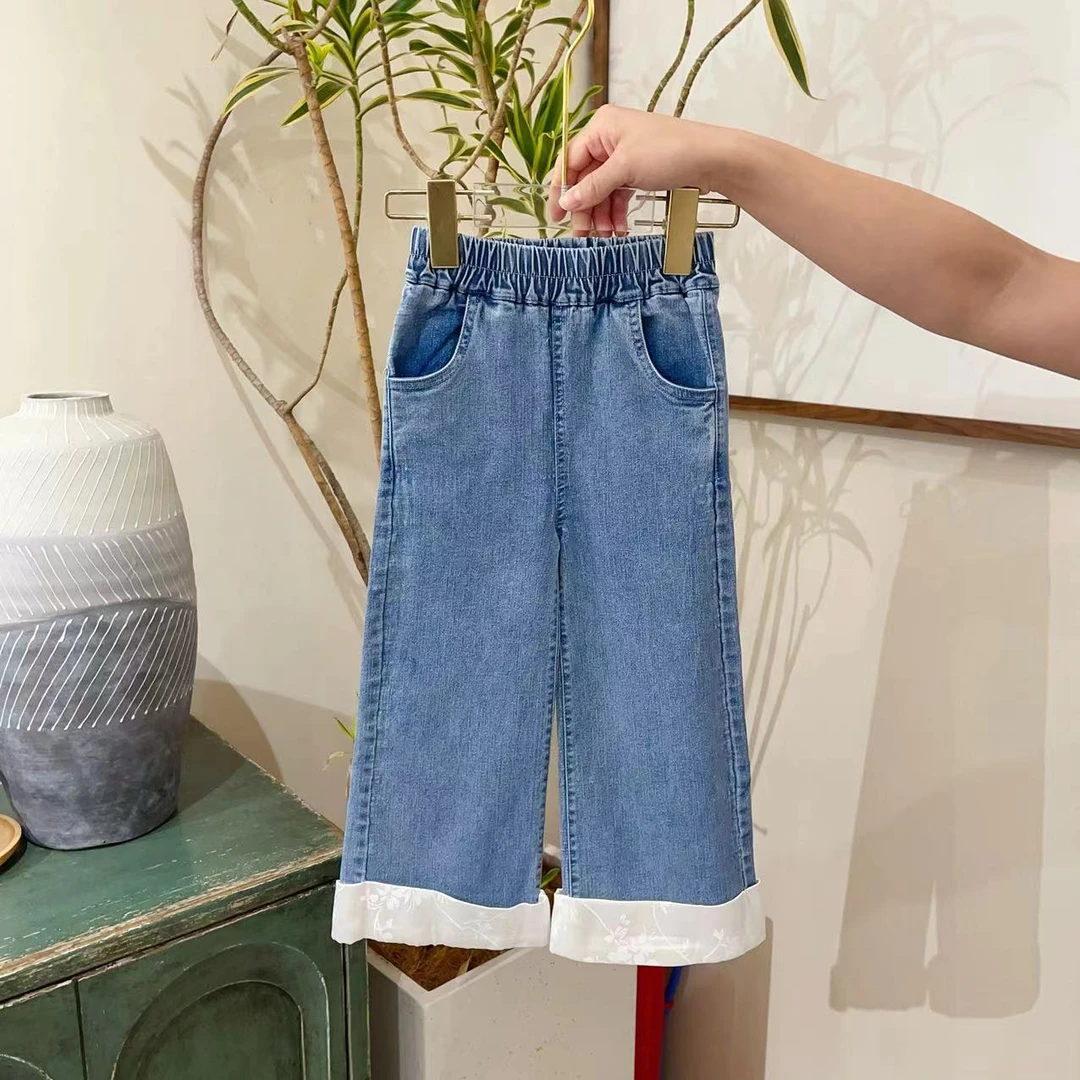 【云朵小葵】女童蓝色高腰蕾丝底洋气牛仔裤111830