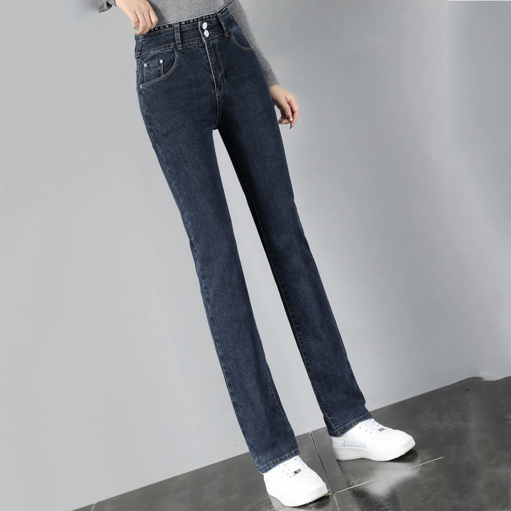 高腰窄版直筒牛仔裤女宽松显瘦大码春秋弹力女士时尚外穿长裤子潮