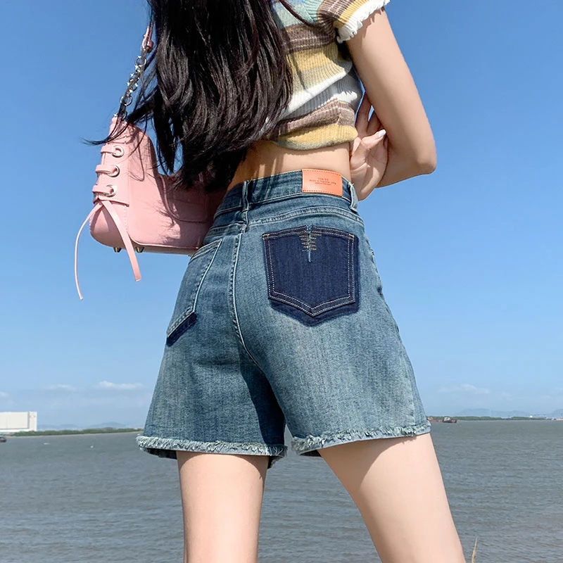 高腰宽松牛仔短裤女夏季薄款显瘦新款2024百搭刺绣直筒牛仔短裤子