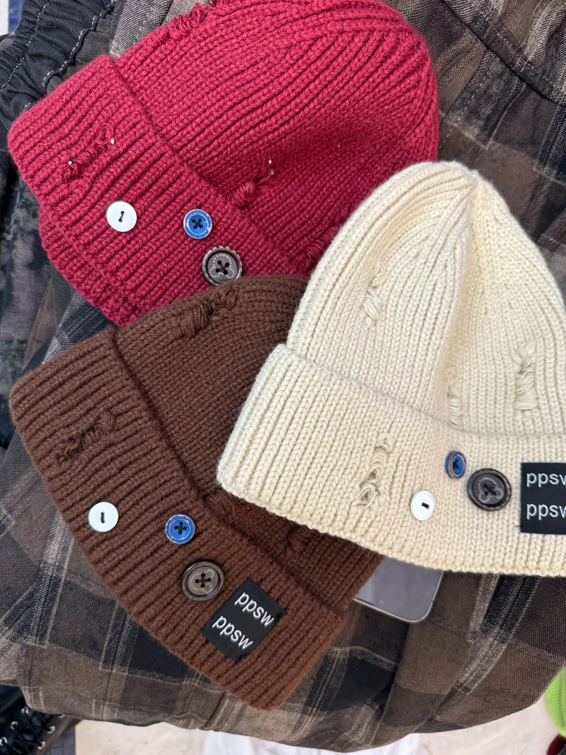 韩国百搭时尚流行纽扣毛线帽