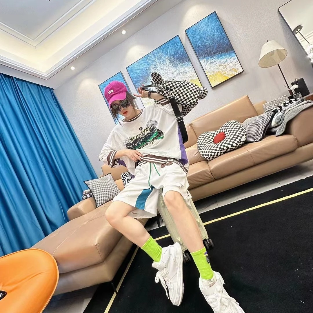 韩版宽松个性英文拼接潮流运动短裤套装2105