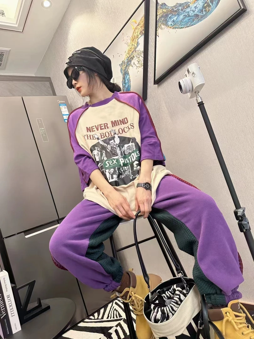 韩版时尚个性彩色拼接袖人物图案休闲大版圆领T恤9163