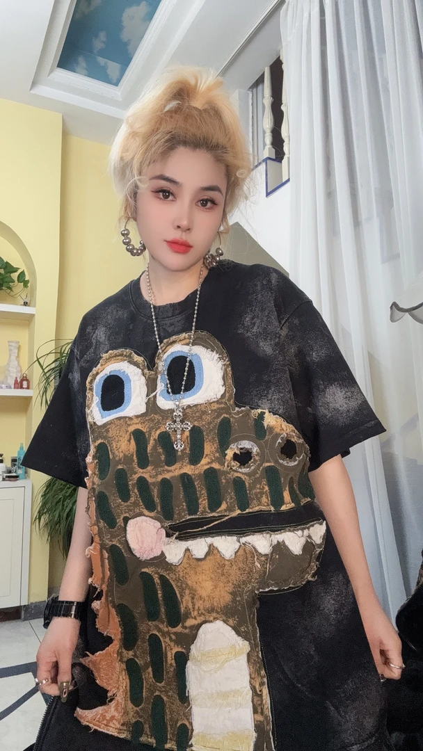 秋冬加厚小鳄鱼贴布印花个性潮牌短袖T恤81237