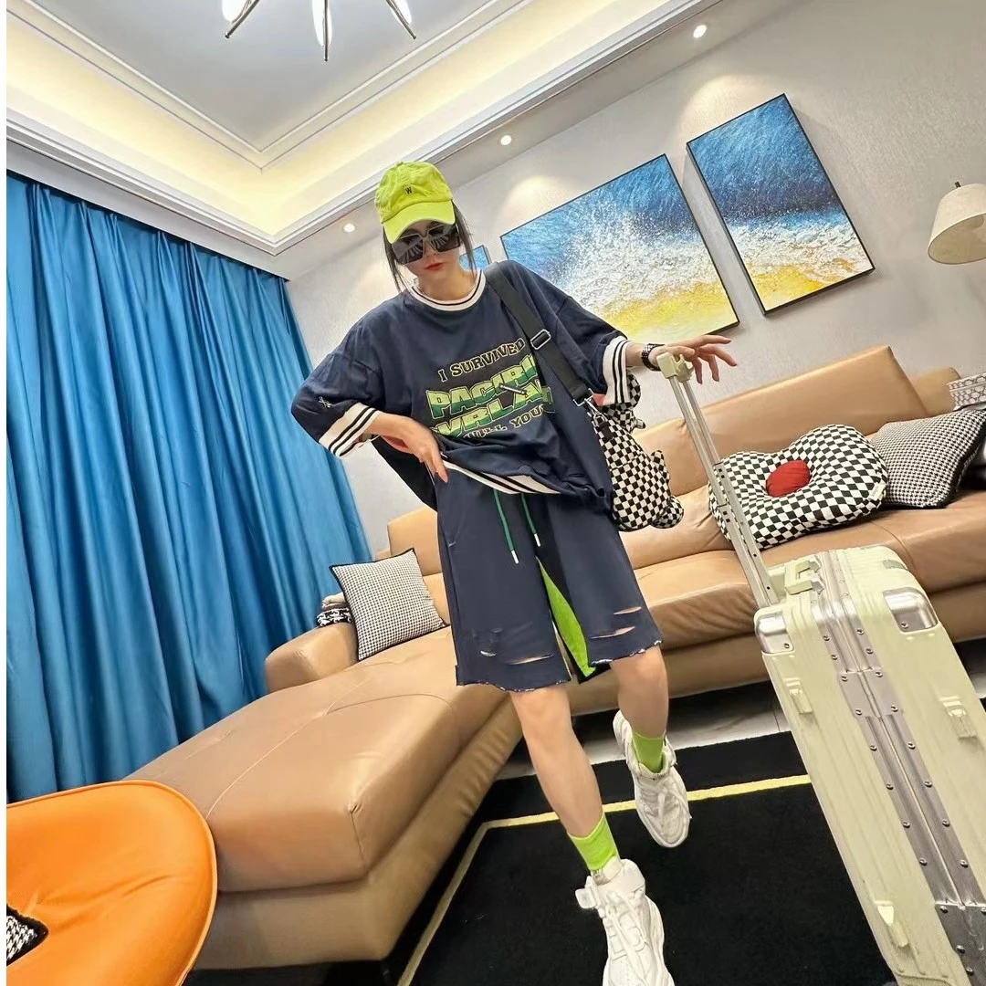 韩版宽松个性英文拼接潮流运动短裤套装2105