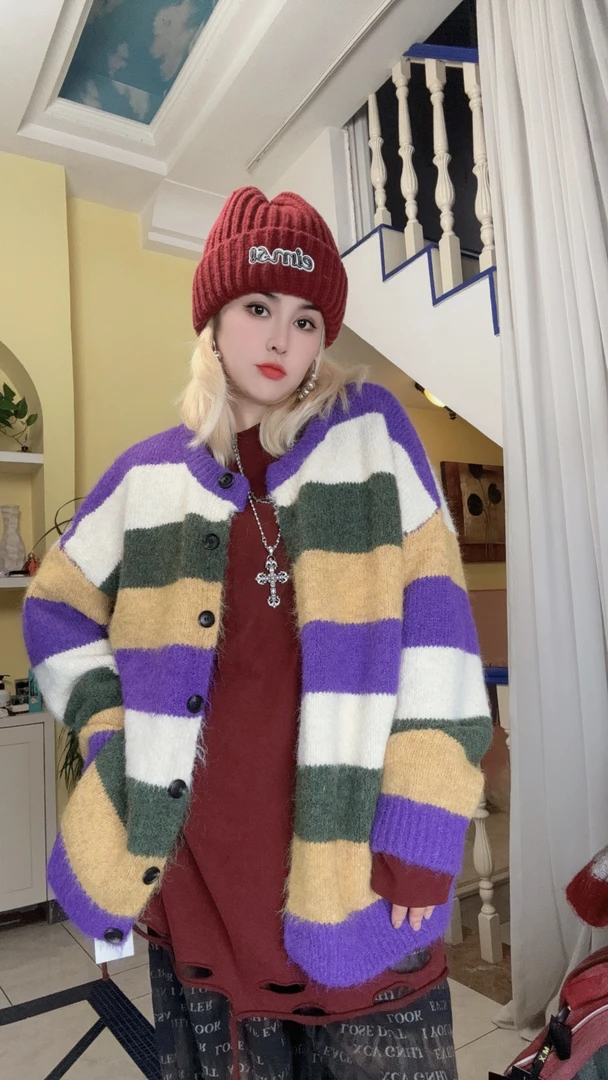 韩版彩色条纹时尚开衫针织毛衣外套